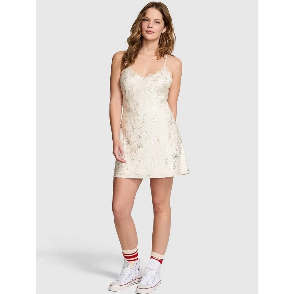 VICTORIA'S SECRET LOVESHACKFANCY New Nightgwn XS Bow Print Satin Slip Chemise